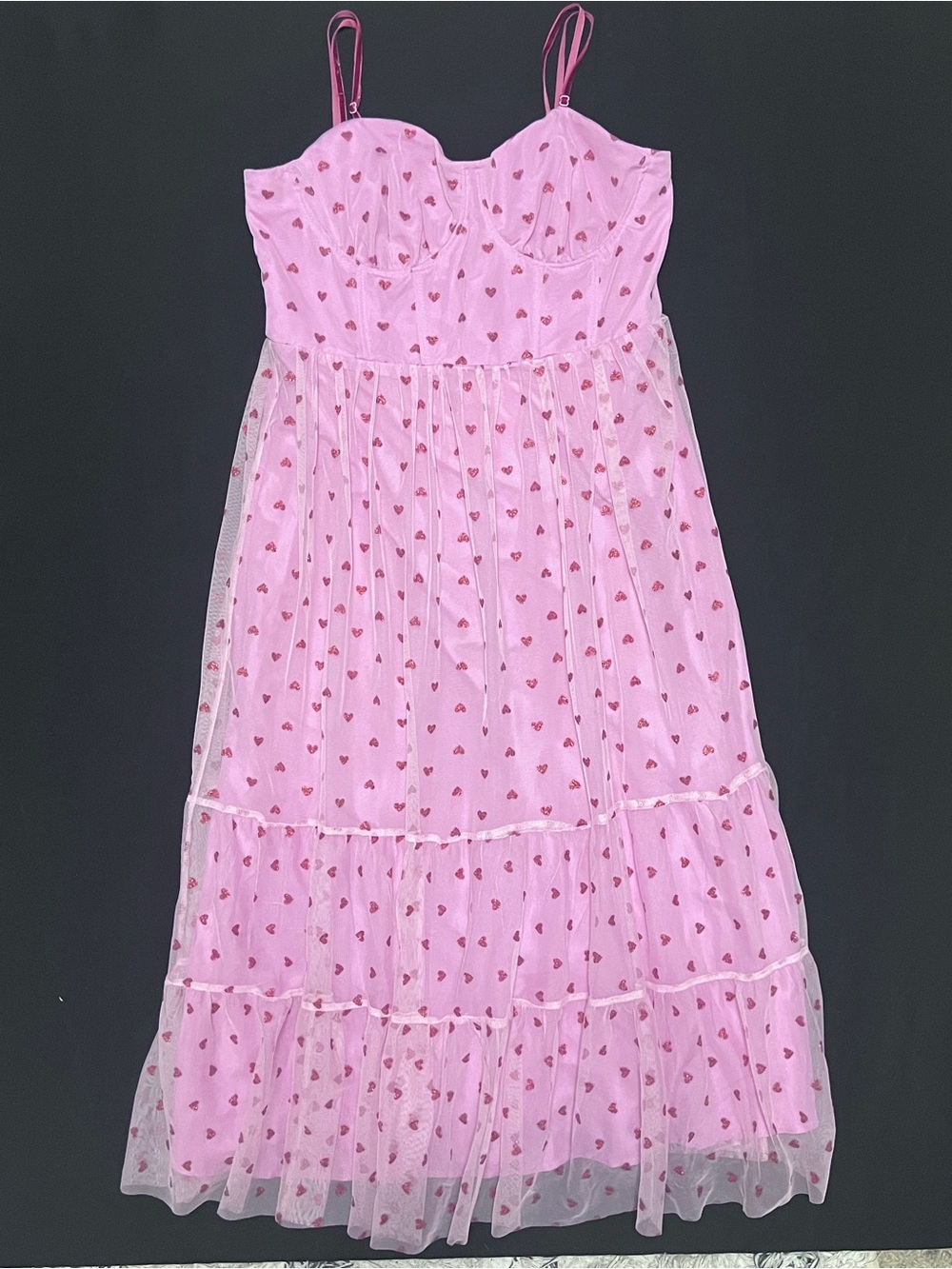 Betsey Johnson Pink Mesh Midi Dress with Red Heart Print Size 10